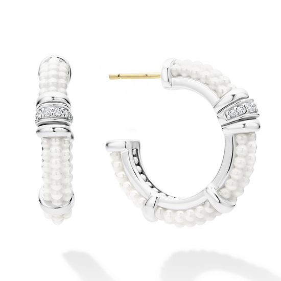 Lagos White Ceramic and Diamond Hoop Earrings