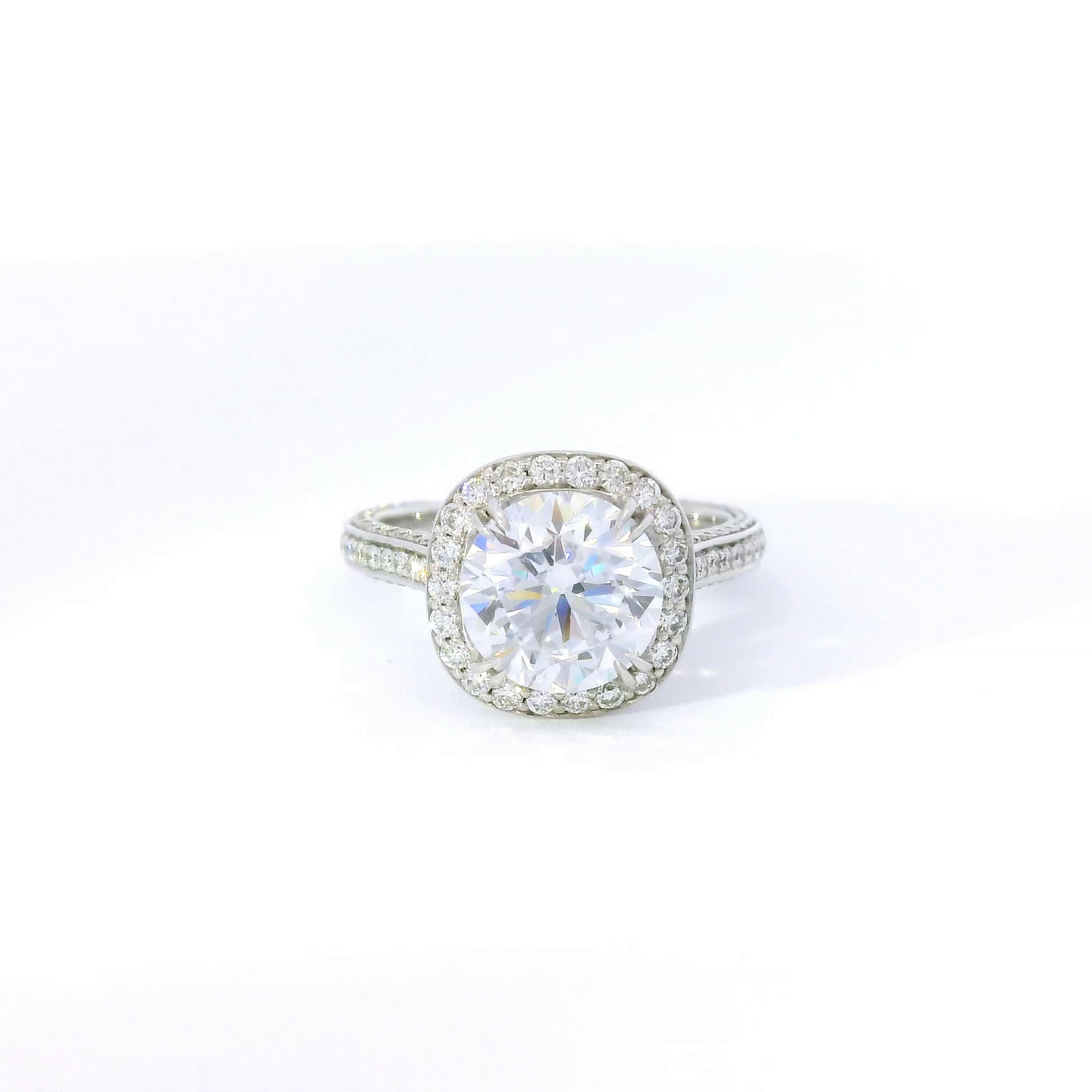 C. Gonshor Round Center w/ Halo & Diamond Sides Engagement Ring Setting