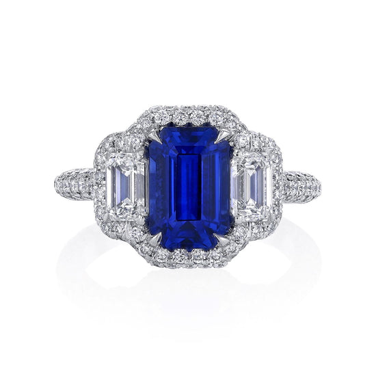 Joshua J 3ct Emerald-Cut Blue Sapphire w/ Micro Pave Diamond Halo & Shank