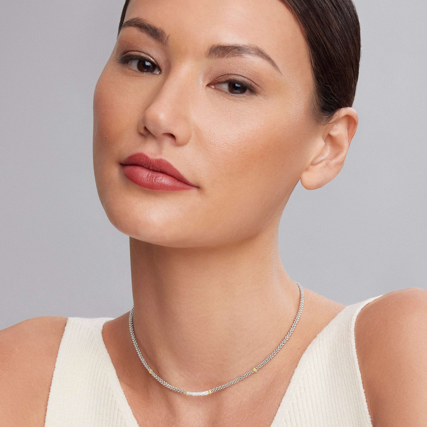 Lagos Caviar 16" Diamond Necklace in Sterling Silver and 18k Gold - 3mm