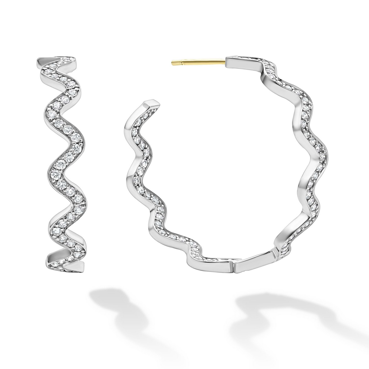 Lagos Large Wave Diamond Hoop Earrings in Sterling Silver