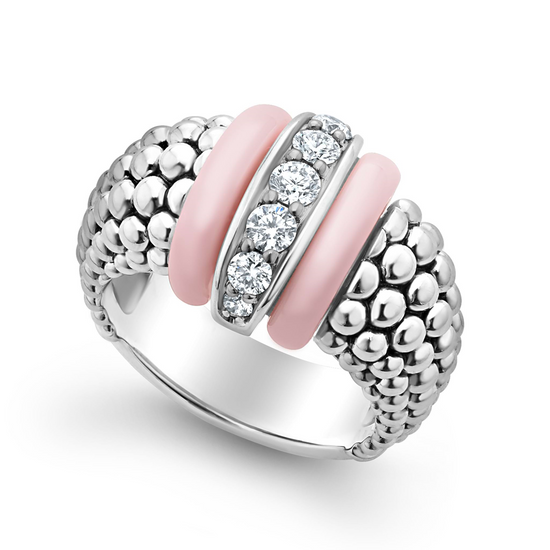 Lagos Pink Ceramic Caviar Diamond Ring in Sterling Silver