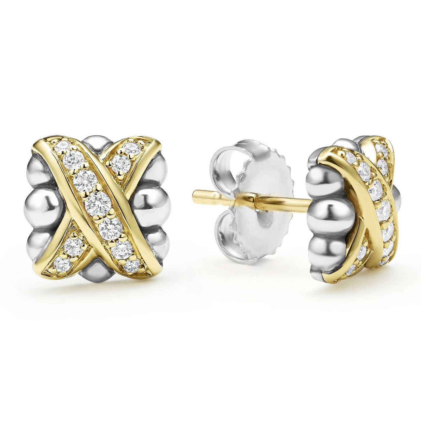 Lagos Two-Tone X Diamond Stud Earrings in Sterling Silver and 18k Gold