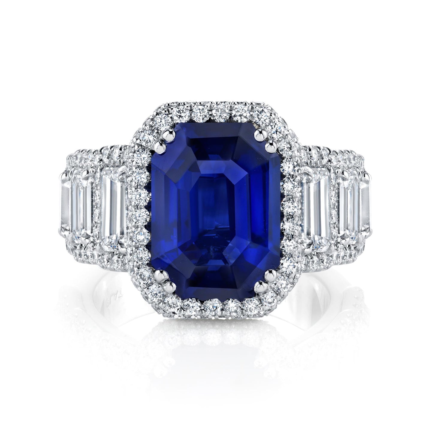 Couture Platinum 7ct Emerald-Cut Blue Sapphire w/ Infinity Diamond Halo