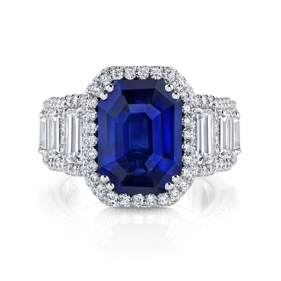 Joshua J Platinum 7ct Emerald-Cut Blue Sapphire w/ Infinity Diamond Halo