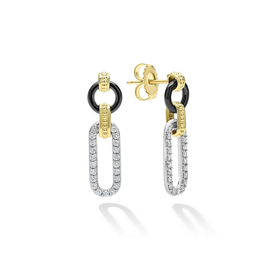 Lagos Link Drop Earrings, Small in Sterling Silver, 18k Gold and Black Ceramic Diamond