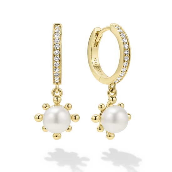 Lagos 18k Gold Fleur Pearl Diamond Huggie Earrings