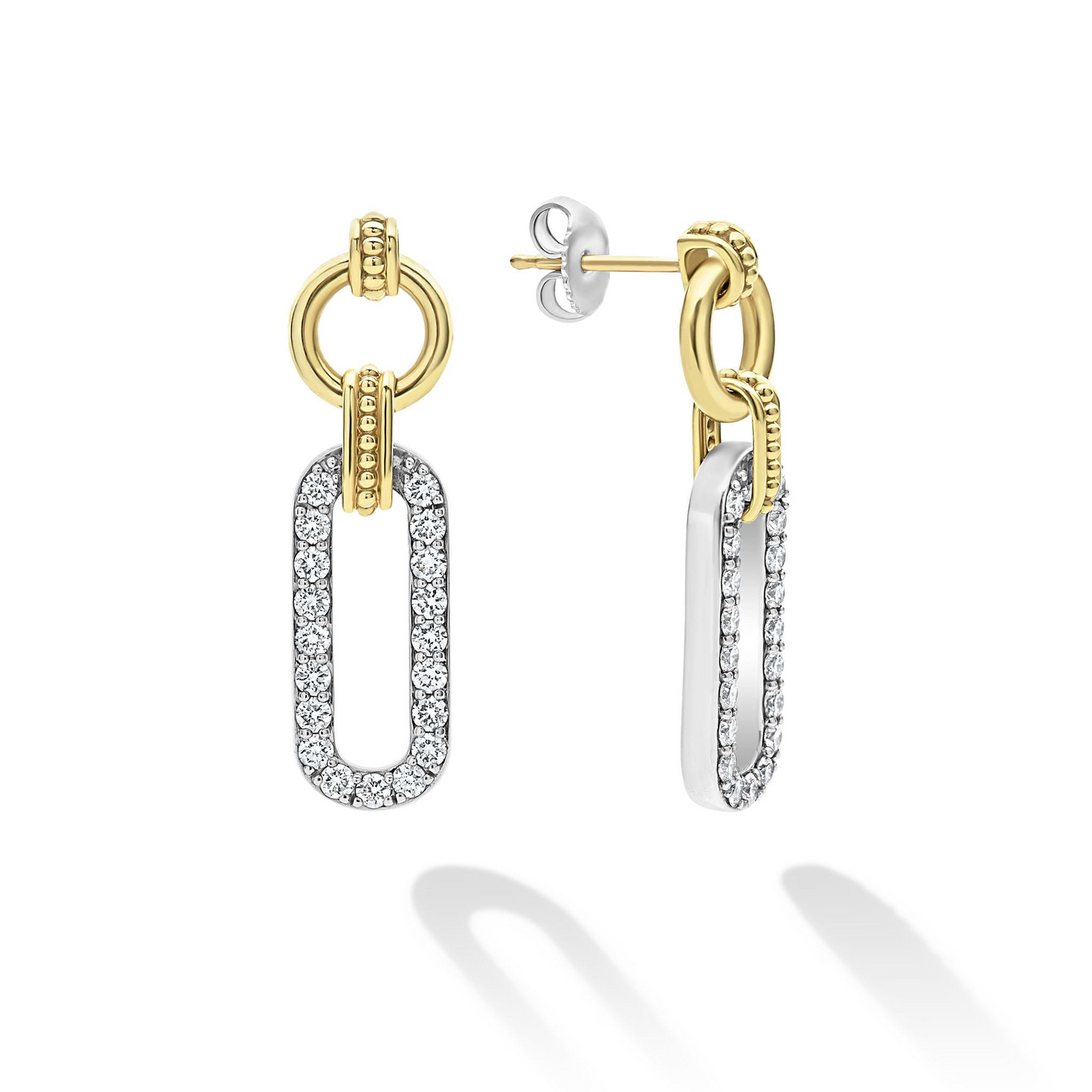 Lagos Two-Tone Link Diamond Drop Earrings in Sterling Silver and 18k Gold
