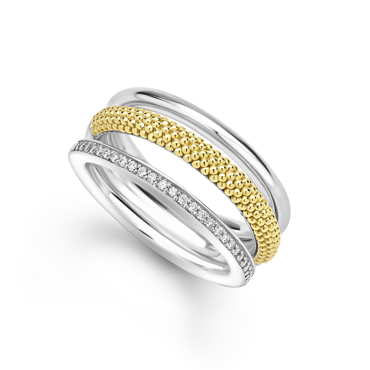 Lagos Two-Tone Three Row Diamond Ring in Sterling Silver and 18k Gold
