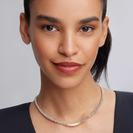Lagos Caviar 18" Diamond Necklace in Sterling Silver and 18k Gold - 5mm