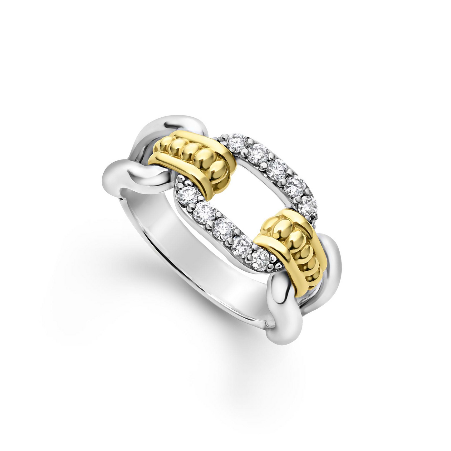 Lagos Two-Tone Link Diamond Ring in Sterling Silver and 18k Gold