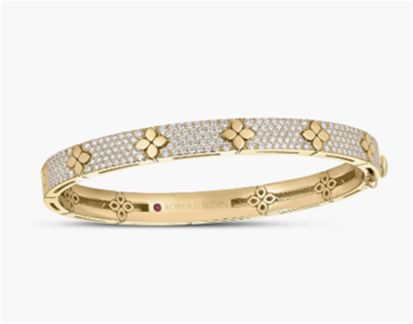 Roberto Coin Pave Diamond & Polished Flower Wide Bangle in 18k Gold