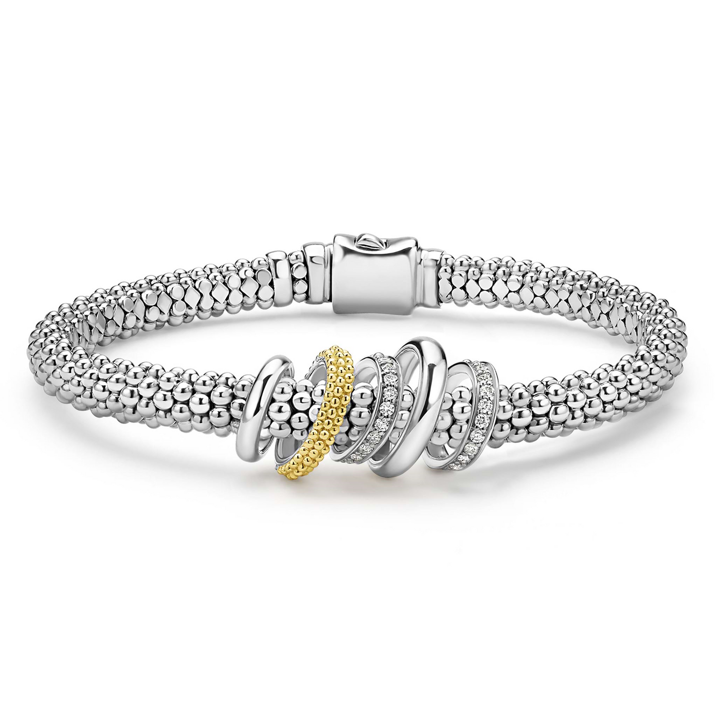 Lagos Two-Tone Five Ring Diamond Caviar Bracelet - 6mm