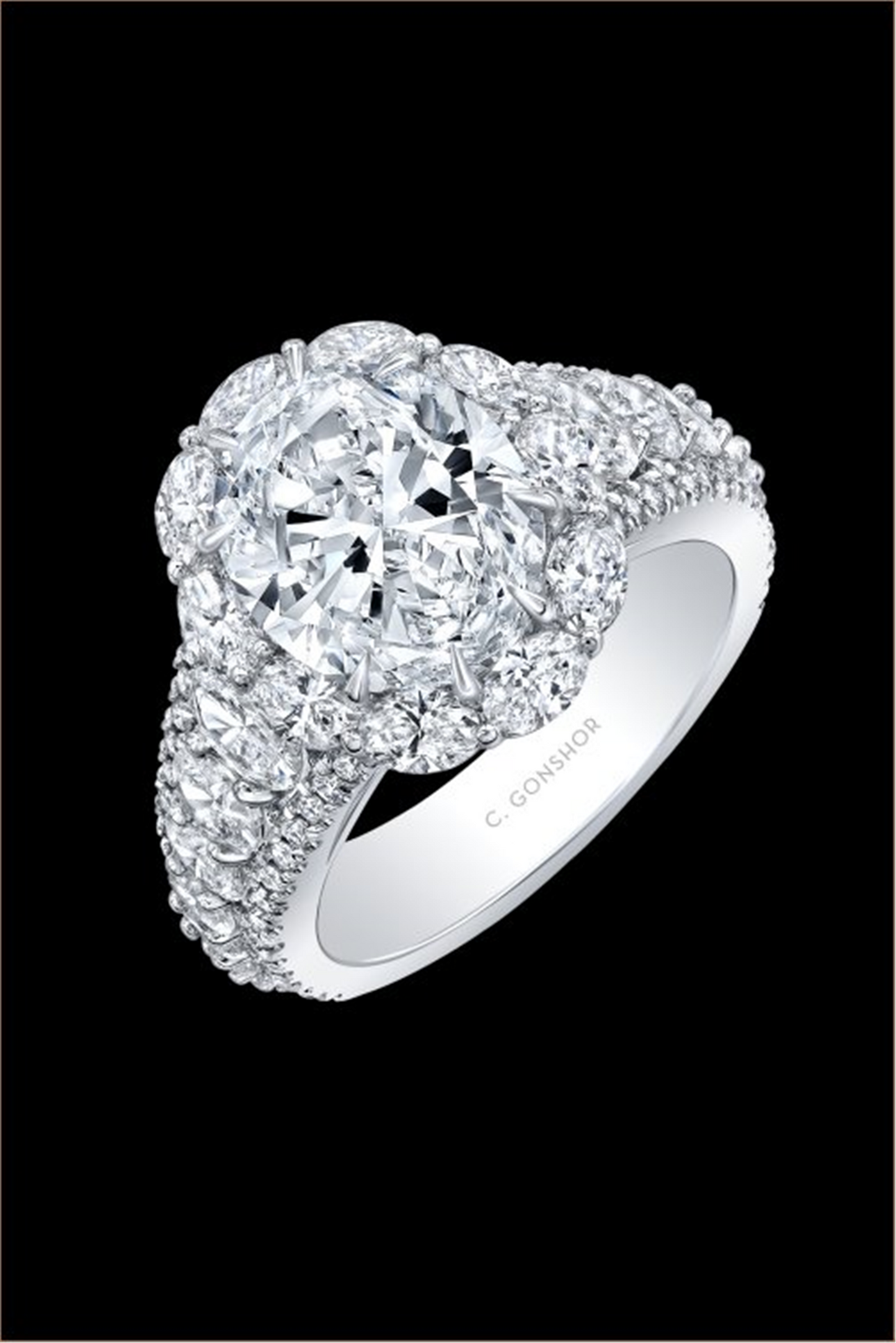 C. Gonshor Oval Center w/ Diamond Halo, Bridge, & Sides Engagement Ring