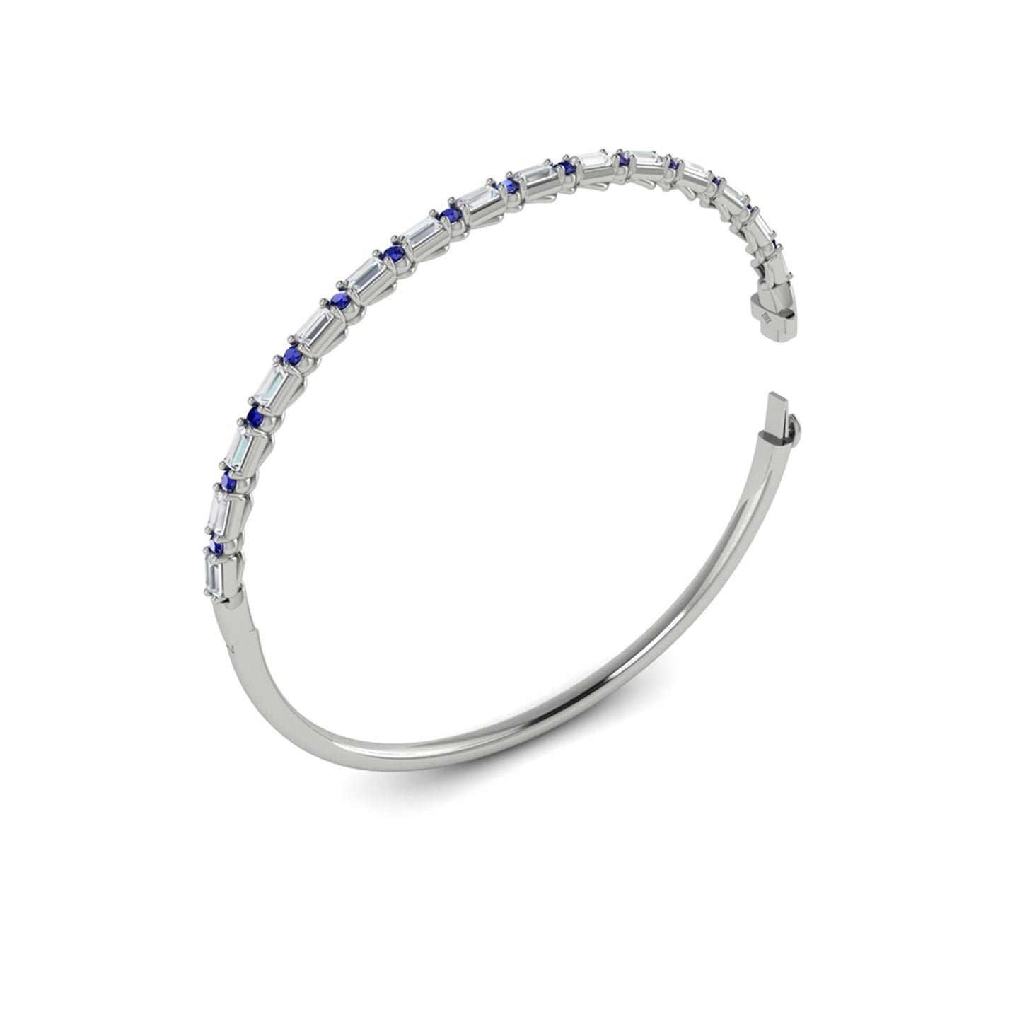 Couture Baguette Cut Diamonds & Round Sapphire Bangle in 14k White Gold