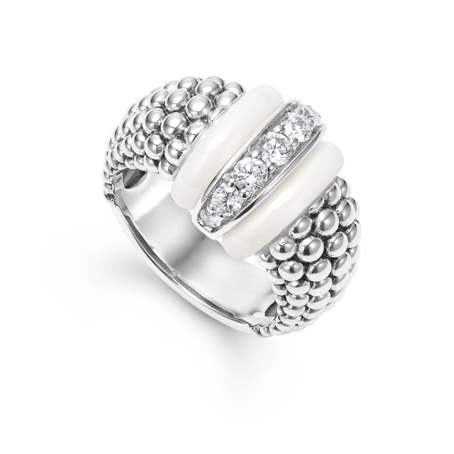 Lagos White Ceramic Caviar Diamond Ring in Sterling Silver