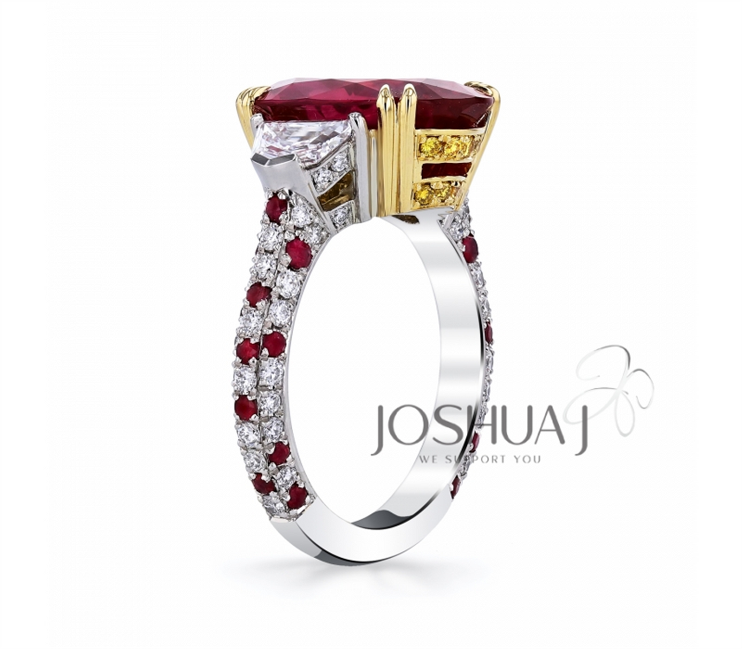 Couture Oval Ruby w/ Yellow Diamond Cadillac Side & 3 Row Micro Pave Platinum Shank Ring