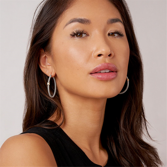 Lagos Diamond Caviar Large X Hoop Earrings in Sterling Silver
