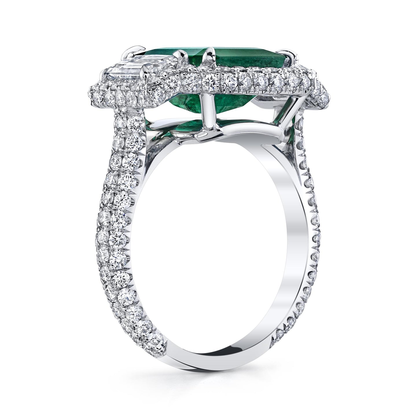 Joshua J Platinum 3ct Emerald Three Stone Ring w/ Trapezoid-Cut Diamond Sides