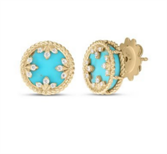 Roberto Coin 18k Yellow Gold Venetian Medallions Small Diamond &Turquoise Stud Earrings