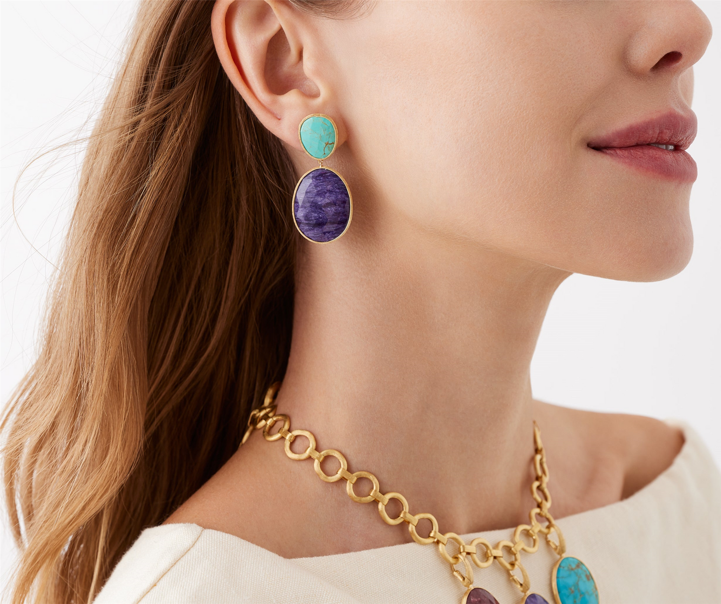 Marco Bicego Lunaria Double Drop Turquoise & Charoite Earrings