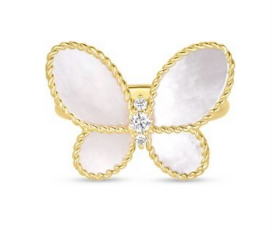 Roberto Coin Jasmine Diamond & Mother of Pearl Butterfly Ring in 18k Gold