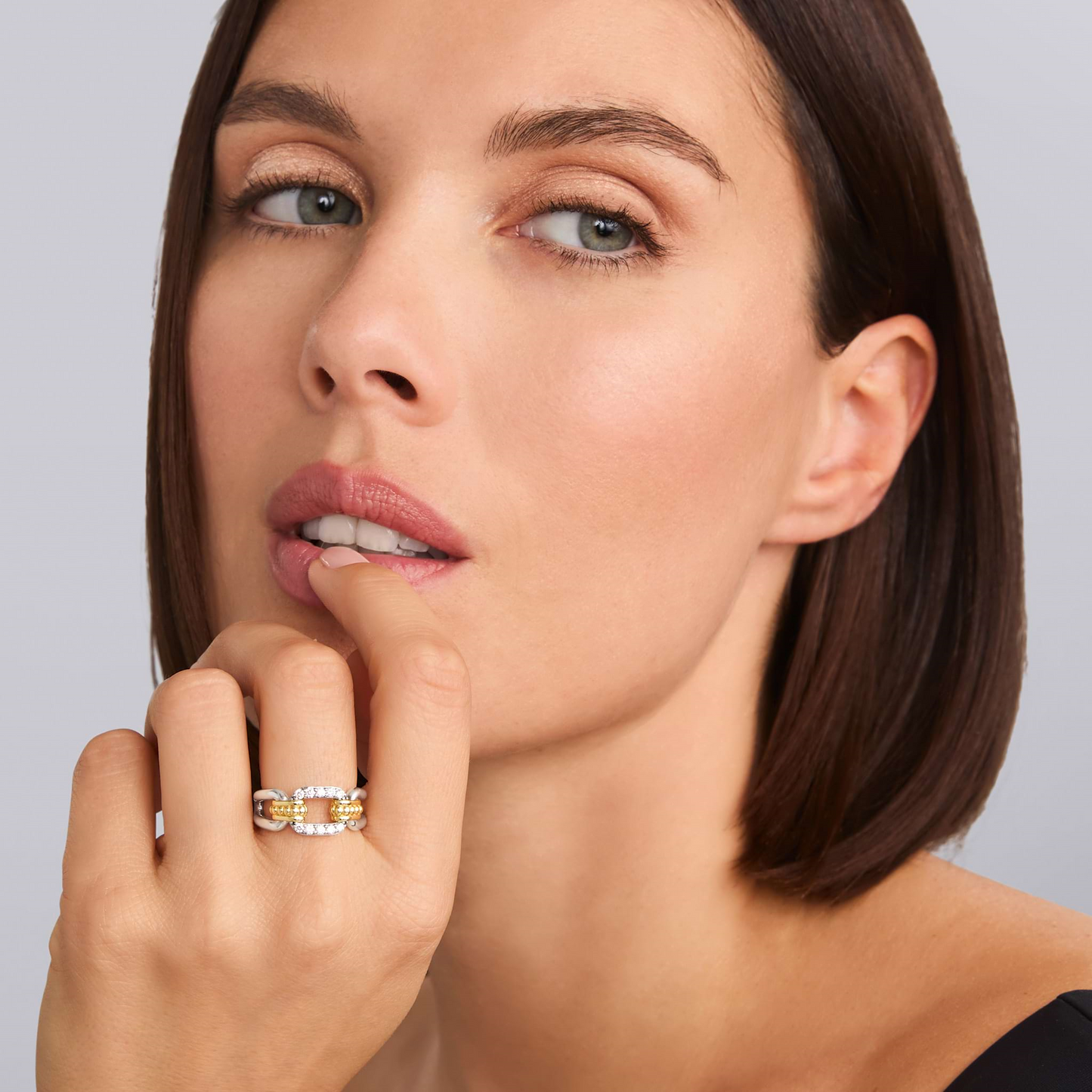 Lagos Two-Tone Link Diamond Ring in Sterling Silver and 18k Gold