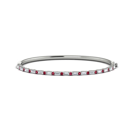 Vlora Baguette Cut Diamonds & Round Ruby Bangle in 14k White Gold