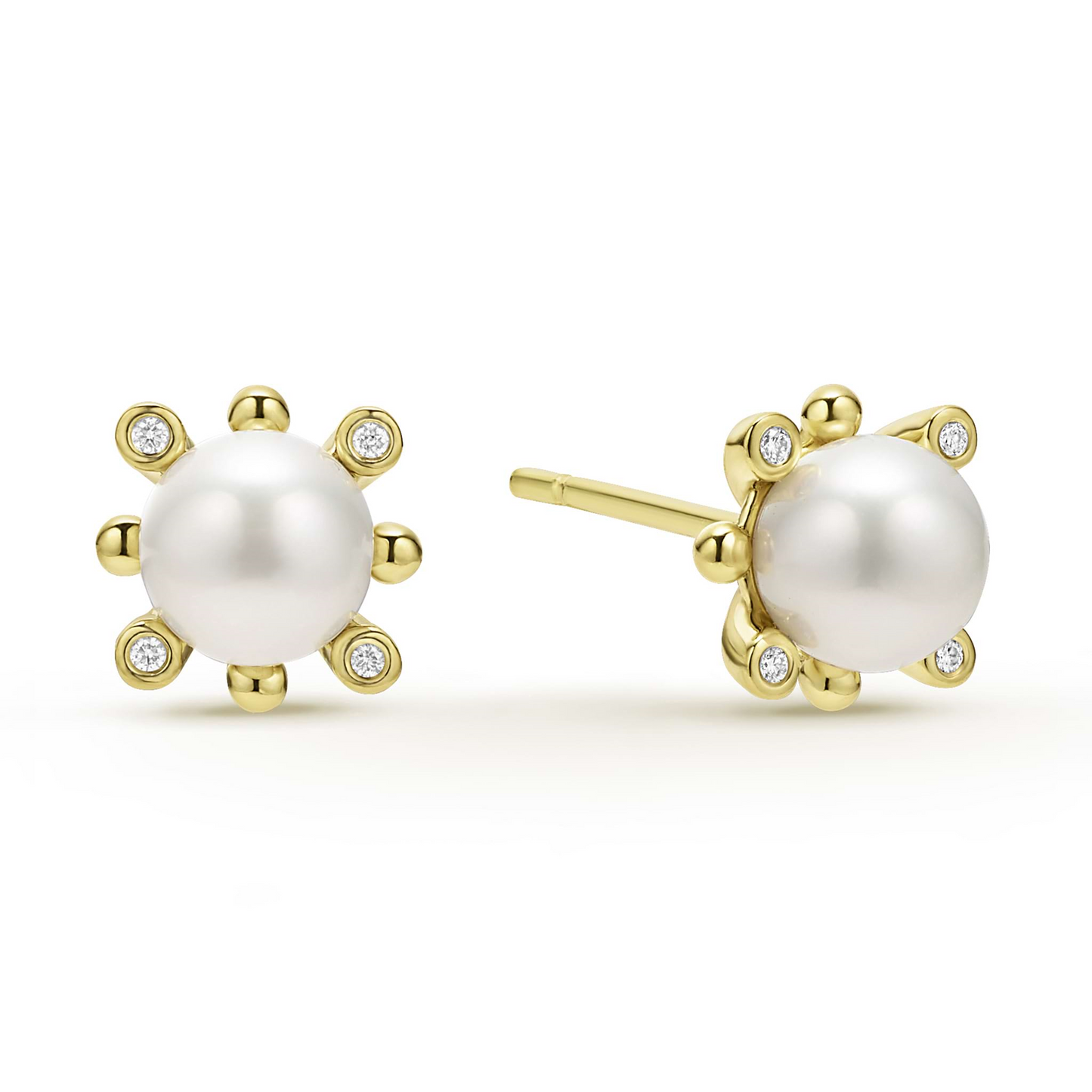 Lagos Fleur Pearl w/ Diamonds Stud Earrings in 18k Gold