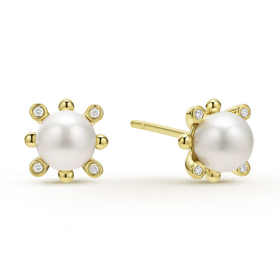 Lagos Fleur Pearl w/ Diamonds Stud Earrings in 18k Gold