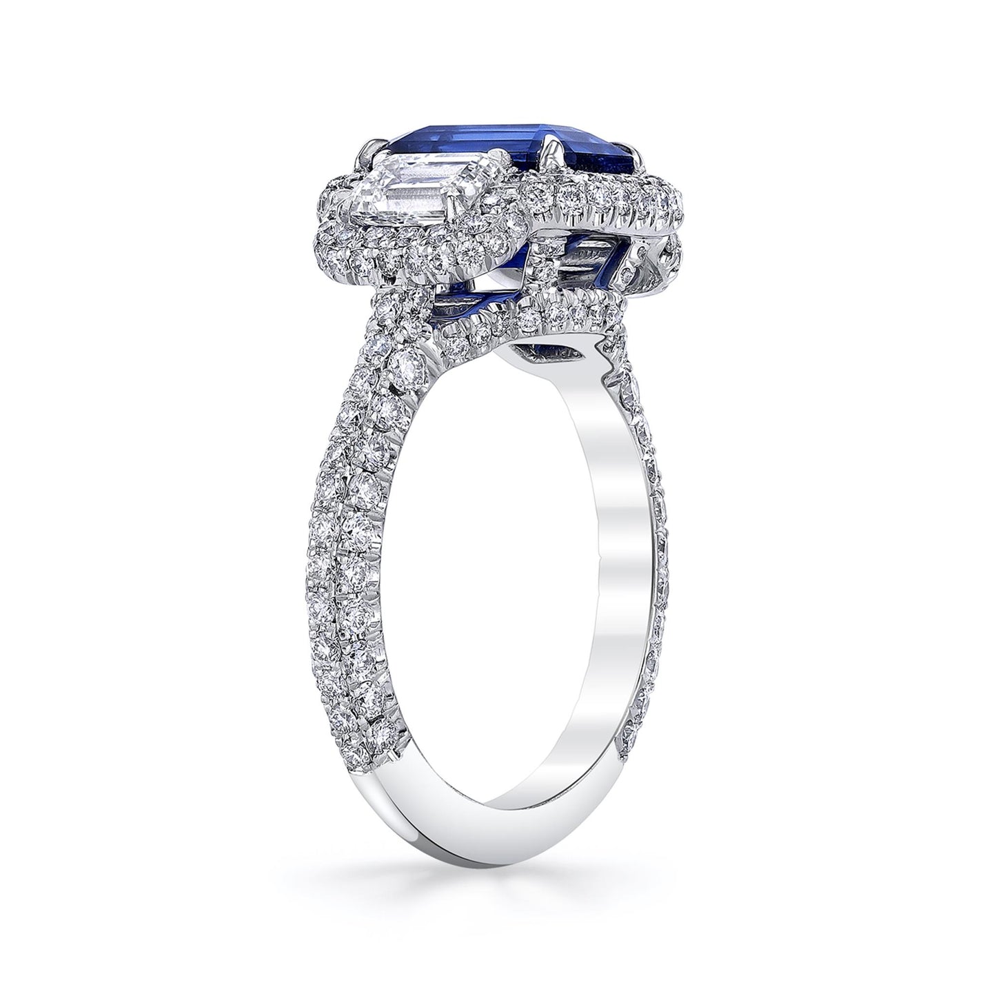 Joshua J 3ct Emerald-Cut Blue Sapphire w/ Micro Pave Diamond Halo & Shank