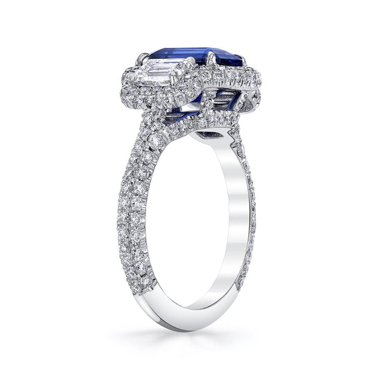 Couture 3ct Emerald-Cut Blue Sapphire w/ Micro Pave Diamond Halo & Shank