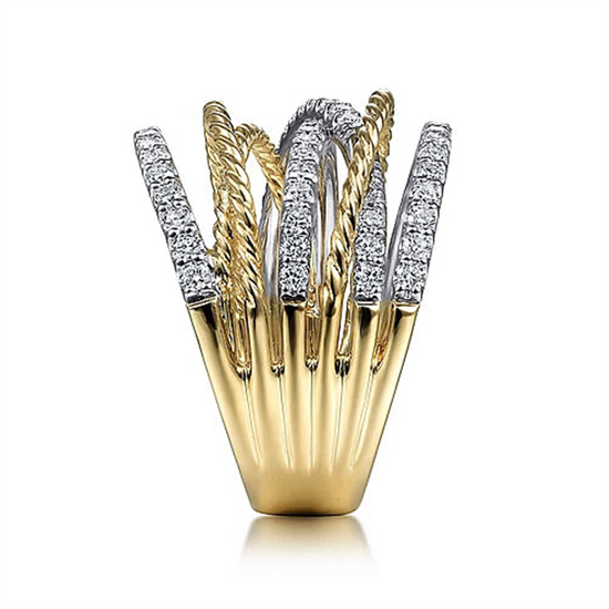 Gabriel & Co.  Gold Twisted Rope and Diamond Multi Row Ring