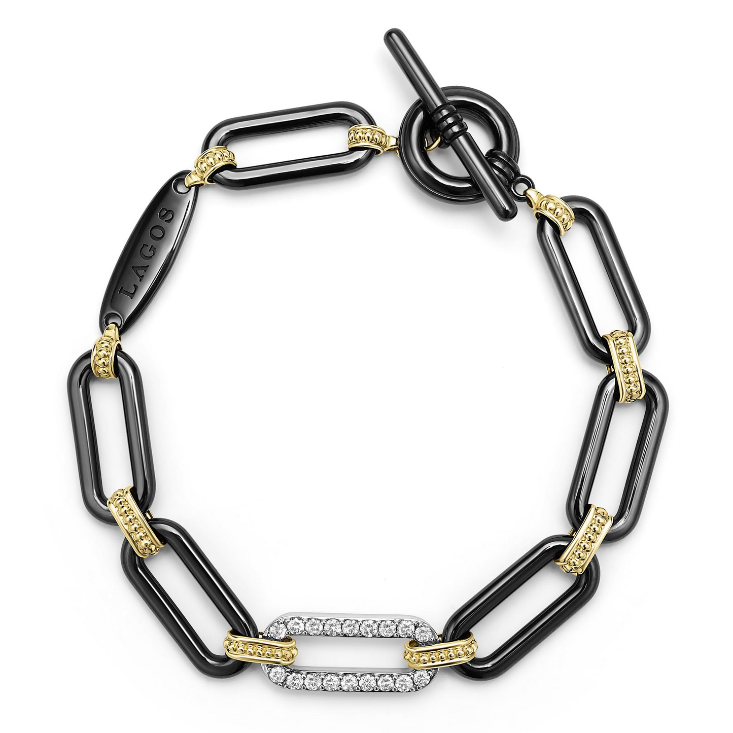 Lagos 18k Gold and Black Ceramic Diamond Station Link Bracelet - 10mm