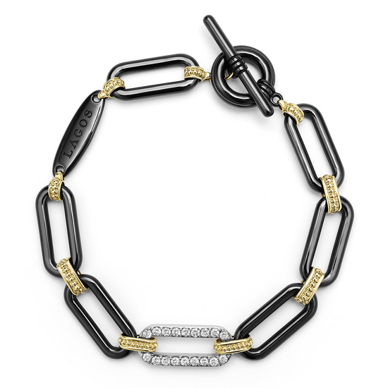 Lagos 18k Gold and Black Ceramic Diamond Station Link Bracelet - 10mm