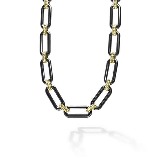 Lagos Ceramic Link Necklace in 18k Yellow Gold and Black Ceramic