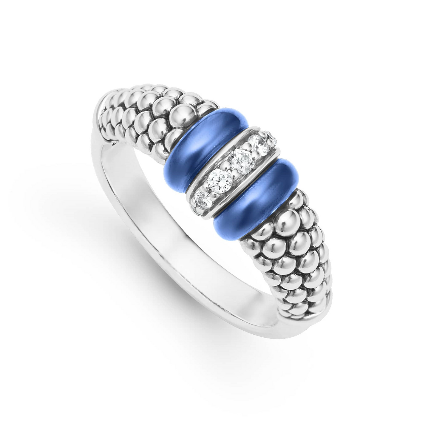 Lagos Ultramarine Ceramic and Diamond Caviar Ring in Sterling Silver
