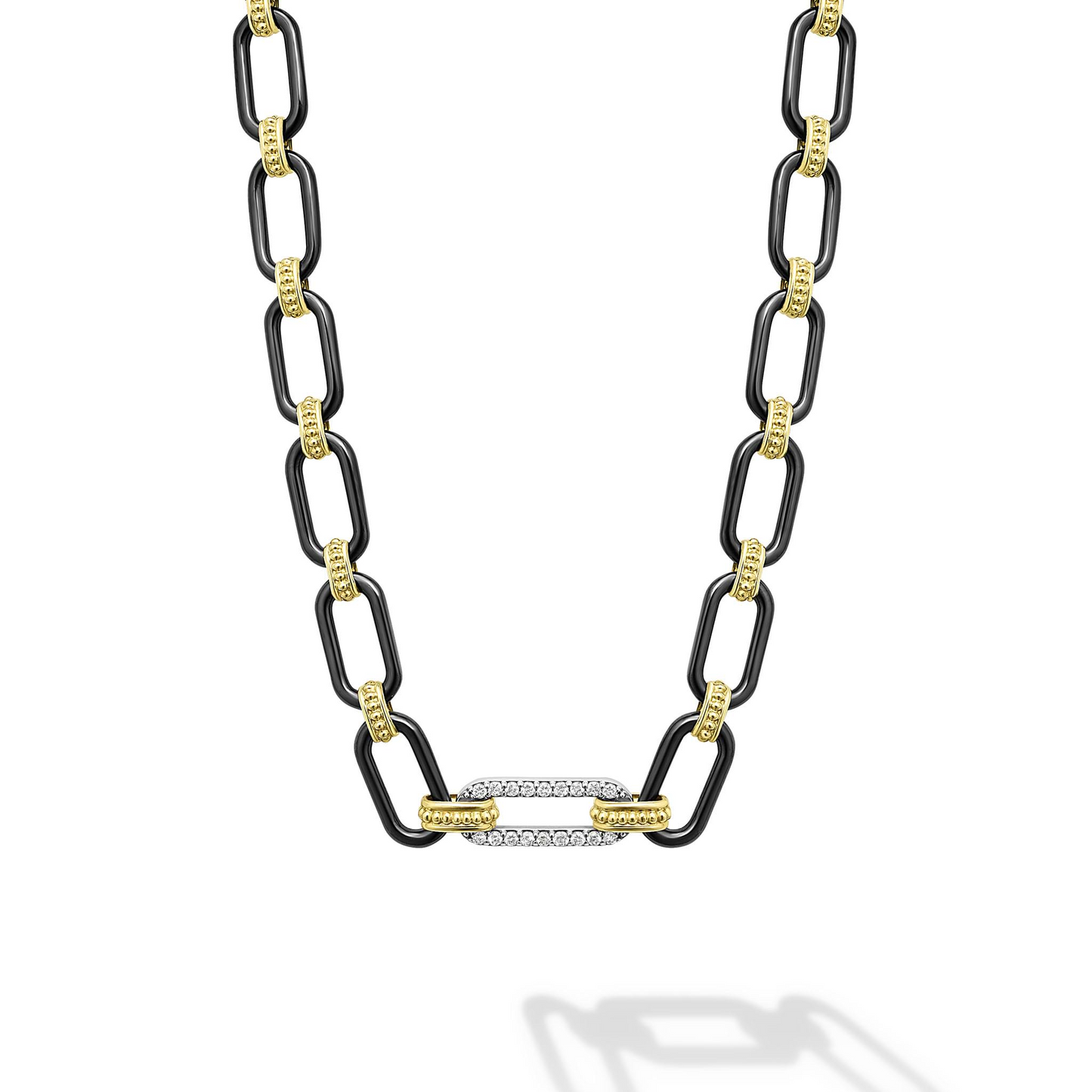 Lagos Diamond Station Link Necklace in Black Ceramic and 18k Gold - 6mm