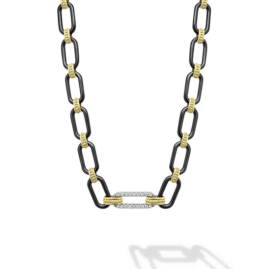 Lagos Diamond Station Link Necklace in Black Ceramic and 18k Gold - 6mm