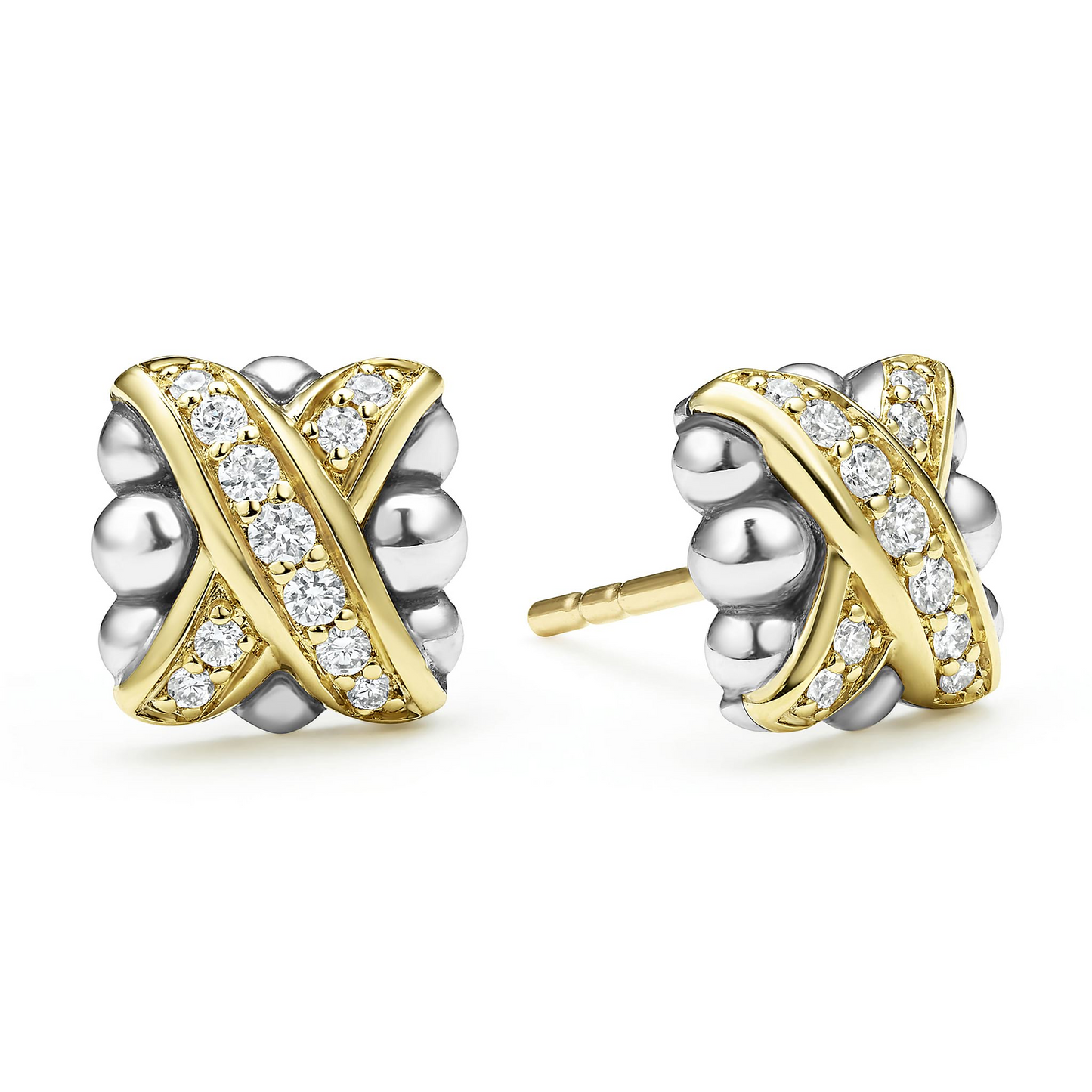 Lagos Two-Tone X Diamond Stud Earrings in Sterling Silver and 18k Gold