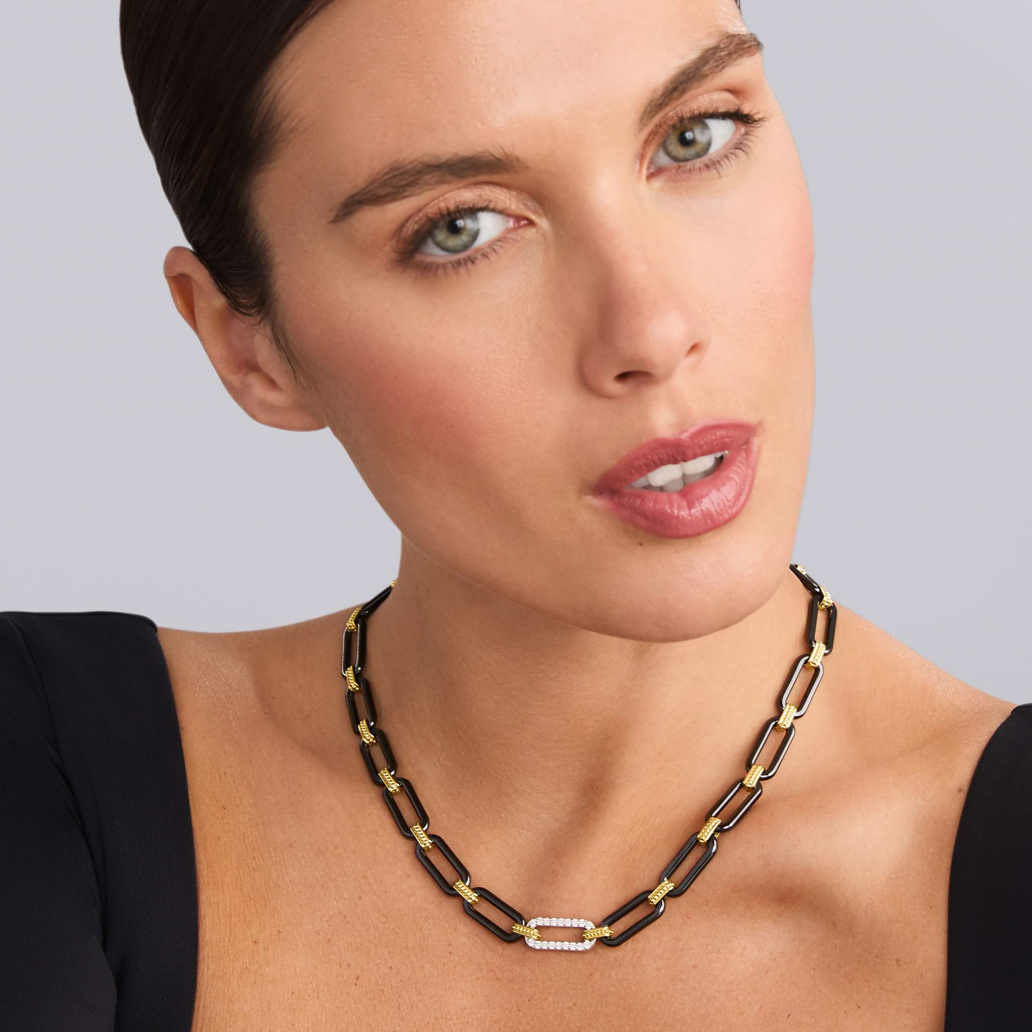 Lagos Diamond Station Link Necklace in Black Ceramic and 18k Gold - 9mm