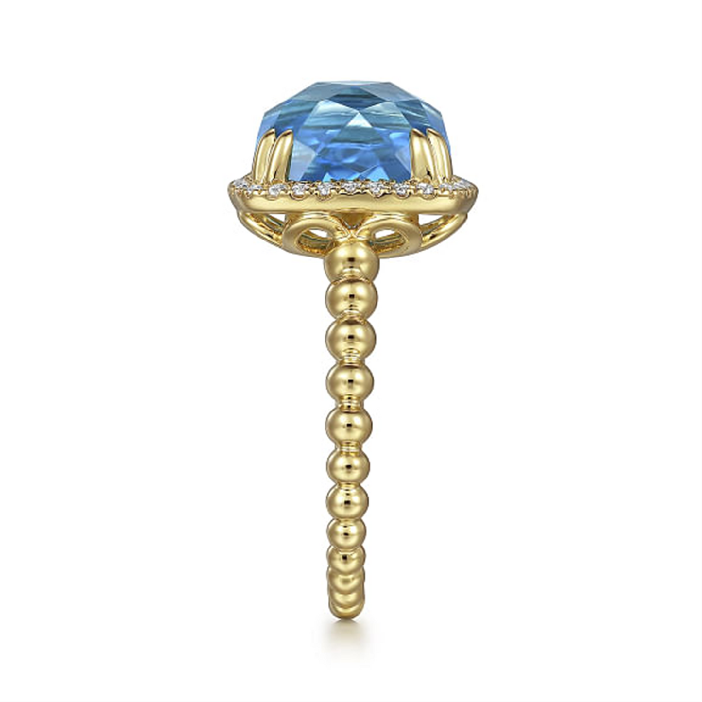 Gabriel & Co. Gold Cushion Blue Topaz with Diamond Halo Ring