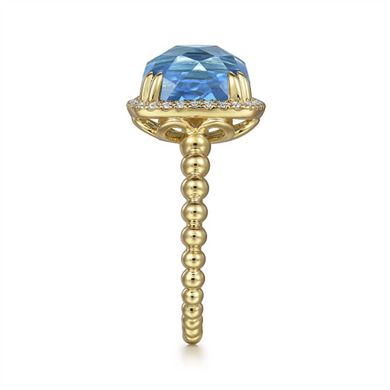 Gabriel & Co. Gold Cushion Blue Topaz with Diamond Halo Ring
