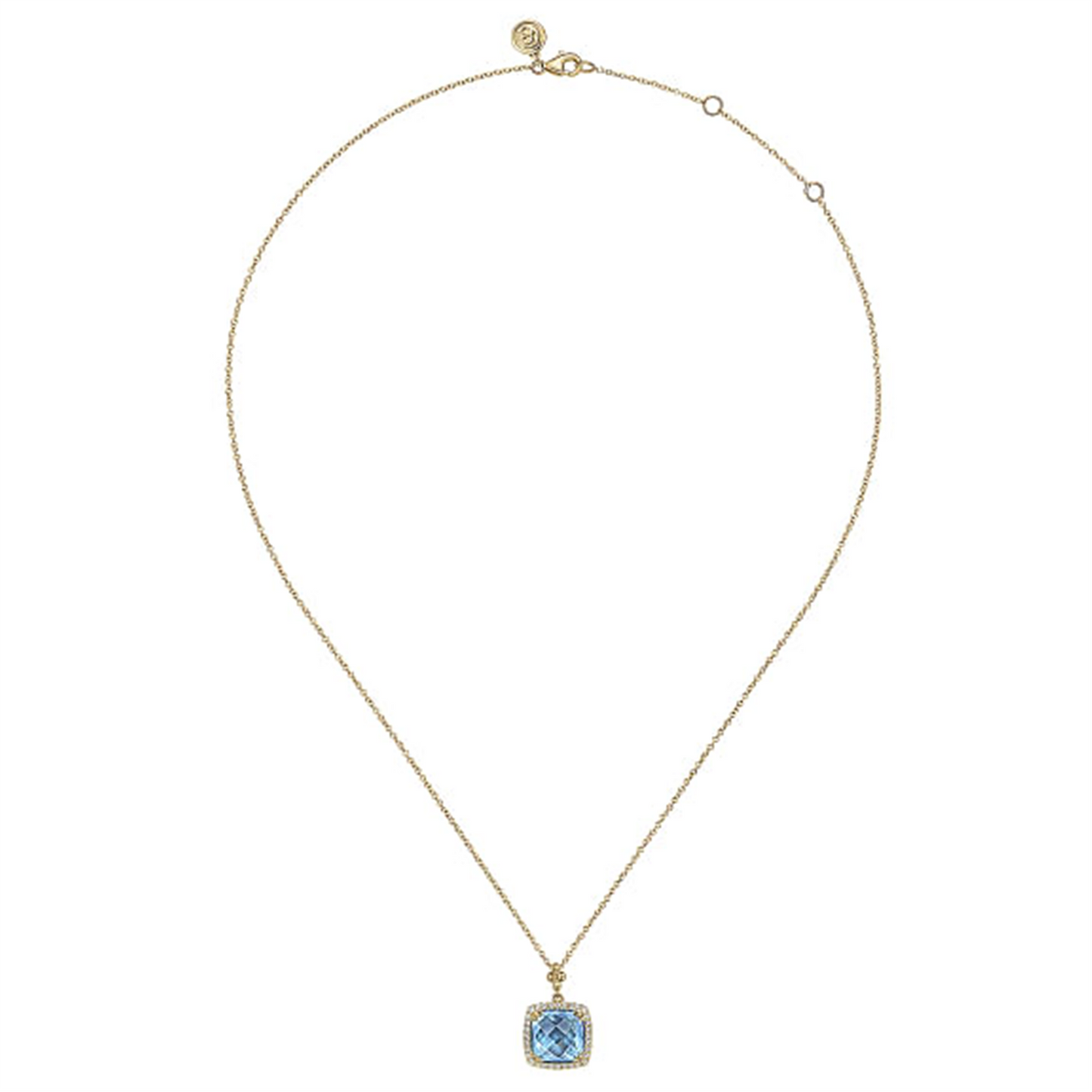 Gabriel & Co. Gold Cushion Blue Topaz with Diamond Halo Necklace