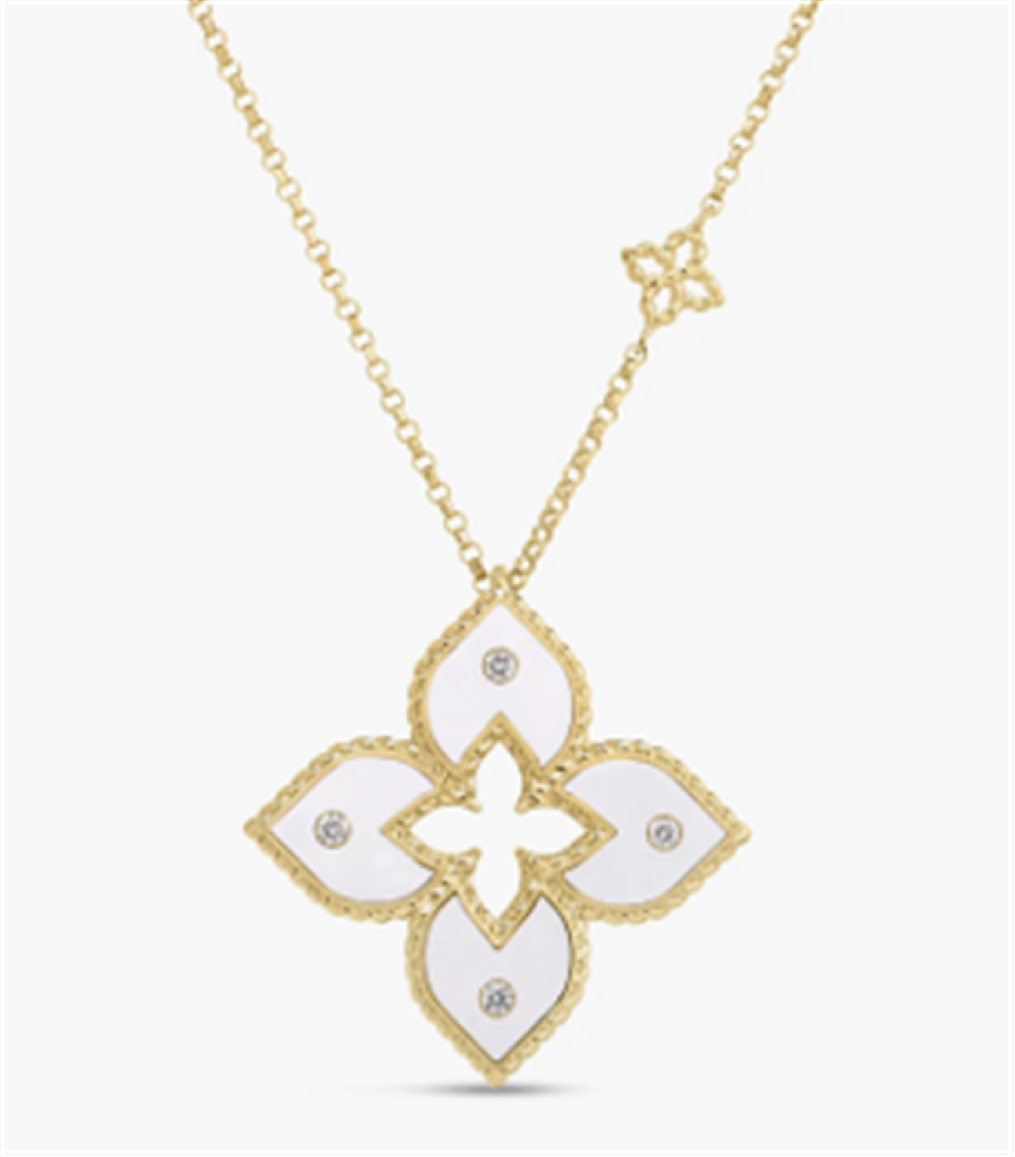 Roberto Coin Venetian Princess Diamond & White Enamel Flower Necklace in 18k Yellow Gold