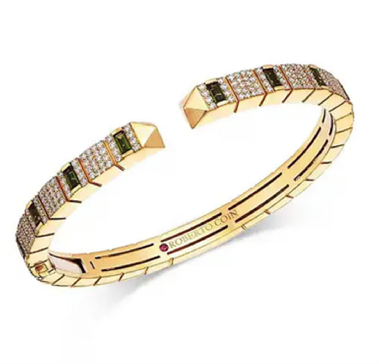 Roberto Coin Obelisco Pavé Diamond & Green Tourmaline Cuff Bangle in 18k Yellow Gold