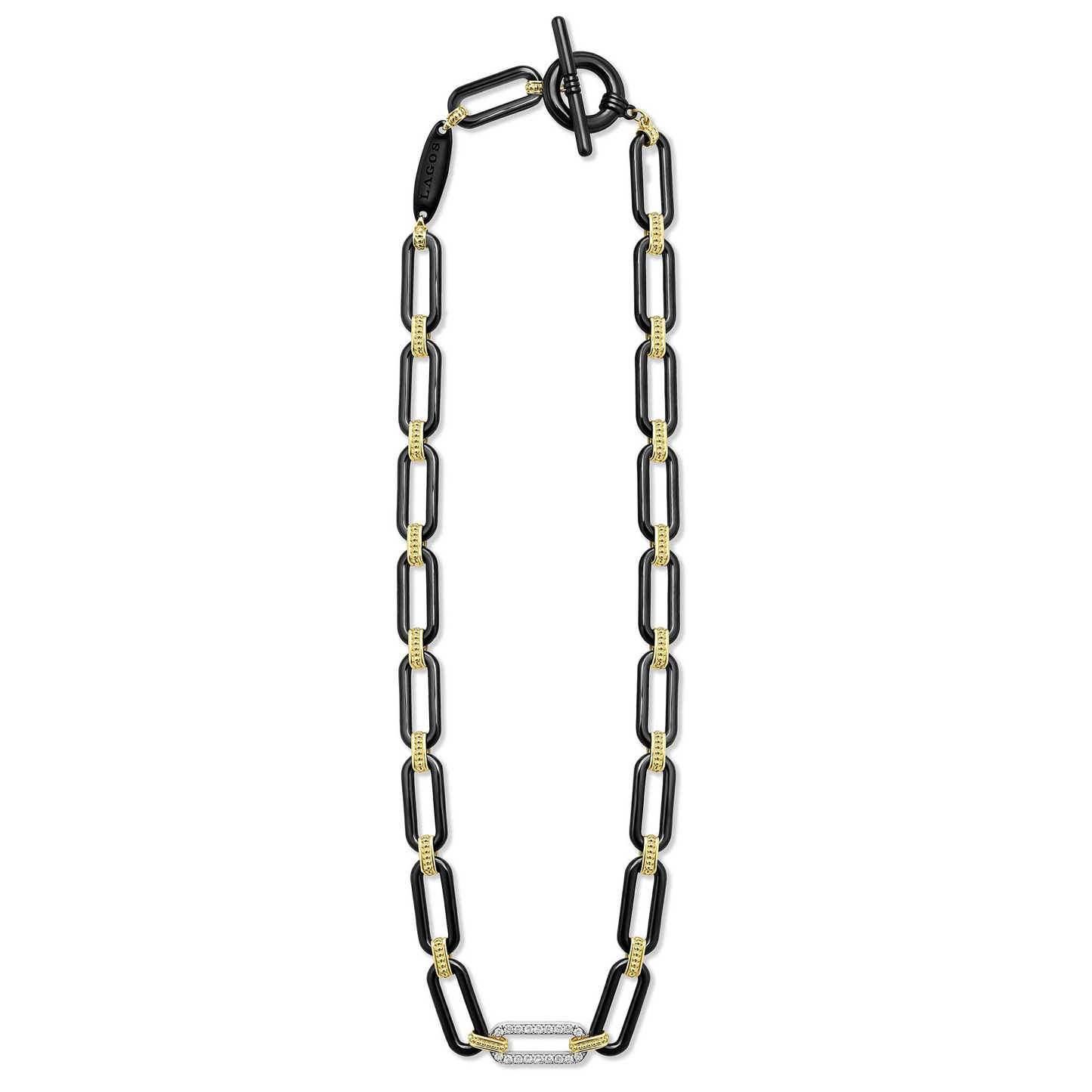 Lagos Diamond Station Link Necklace in Black Ceramic and 18k Gold - 9mm