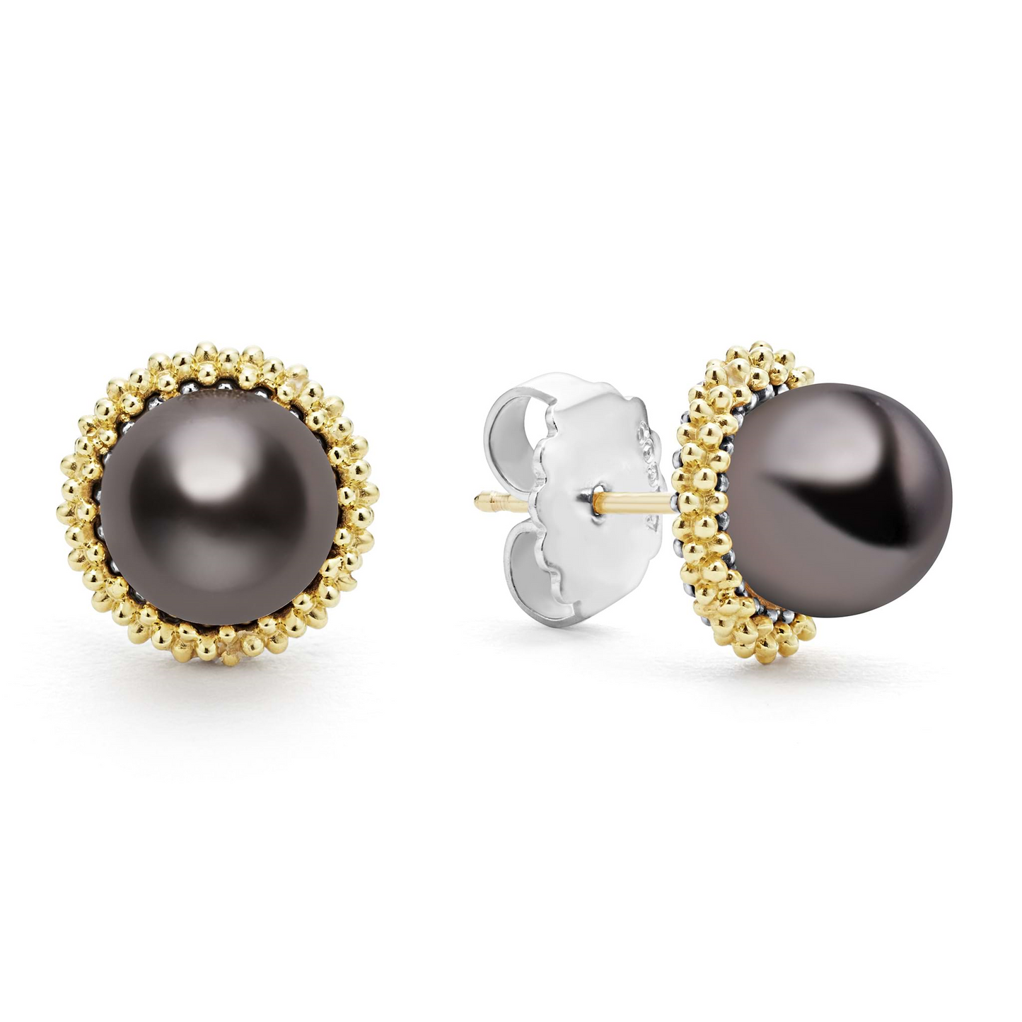 Lagos Tahitian Black Pearl Stud Earrings in Sterling Silver and 18k Gold