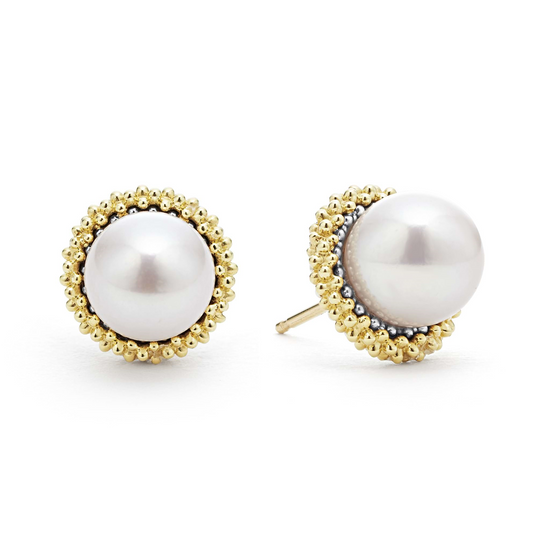 Lagos Caviar Pearl Stud Earrings in Sterling Silver and 18k Gold