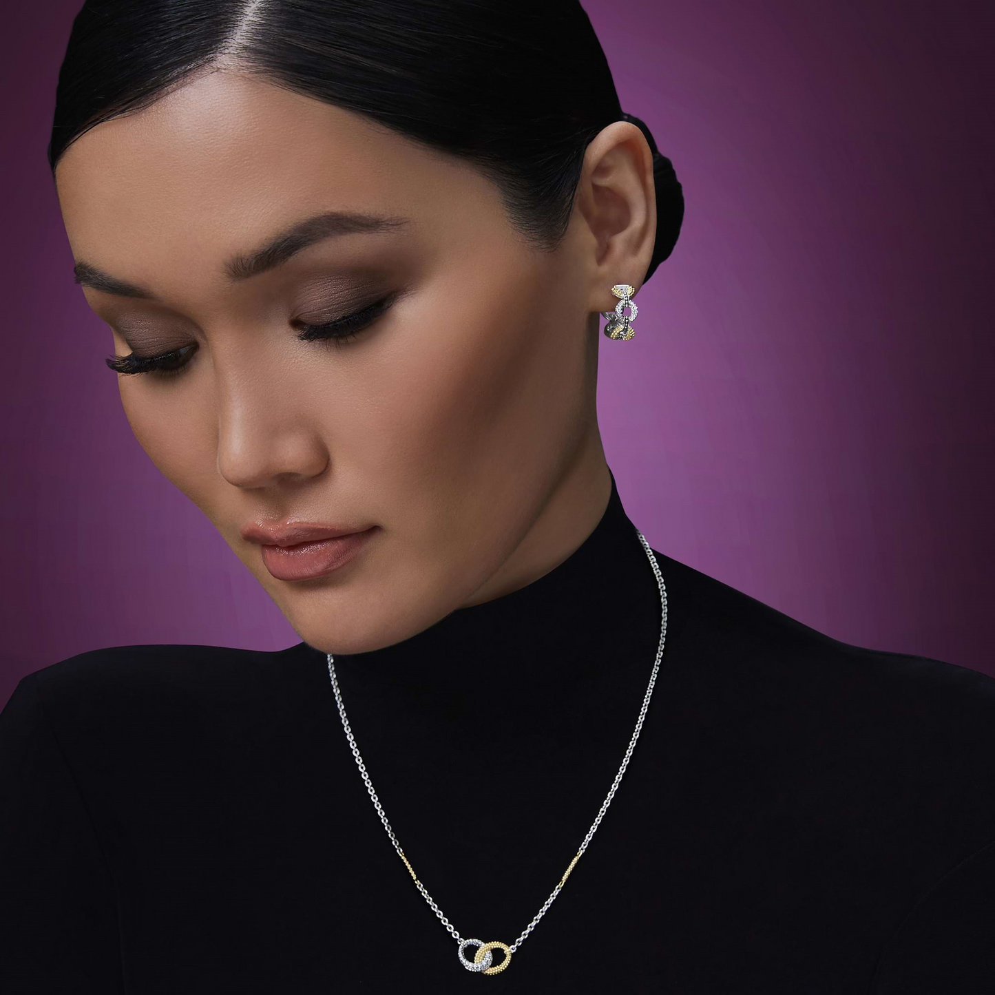 Lagos Two-Tone Petite Link Diamond Hoop Earrings